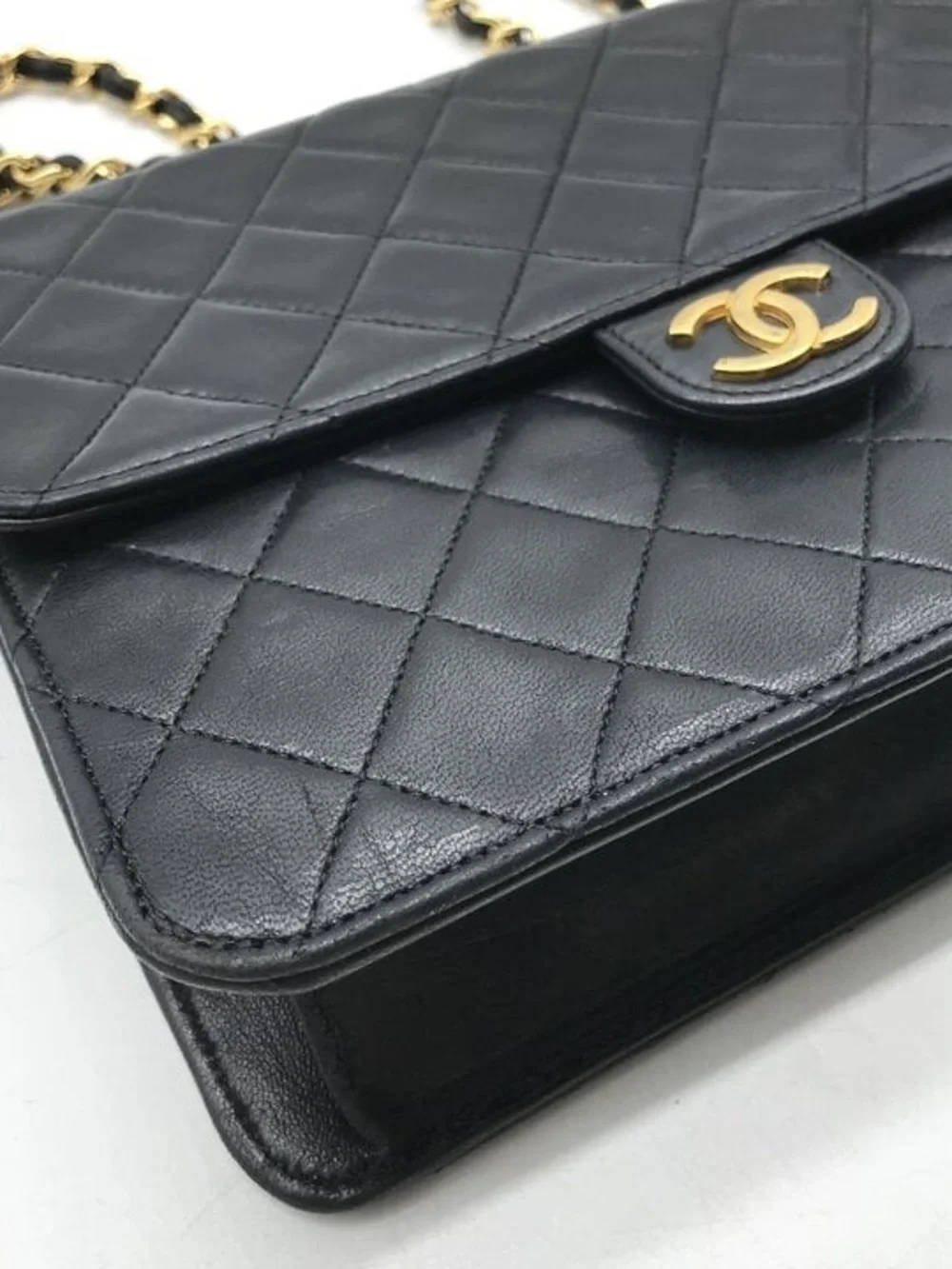 Authentic Chanel black lambskin leather single flap vintage bag